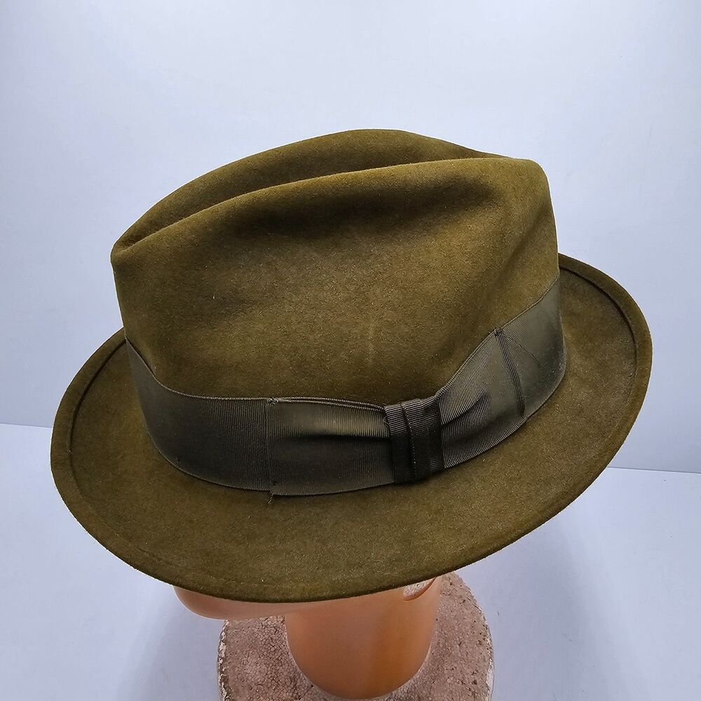 Vintage Royal Stetson Olive Green  7 1/8 Wool Fedora Hat Ribbon Band USA Made